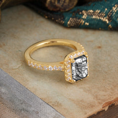 2 Carat Emerald Cut Black Rutilated Quartz 4 Prong Engagement Ring Pave Halo Bridal Ring