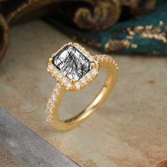 2 Carat Emerald Cut Black Rutilated Quartz 4 Prong Engagement Ring Pave Halo Bridal Ring