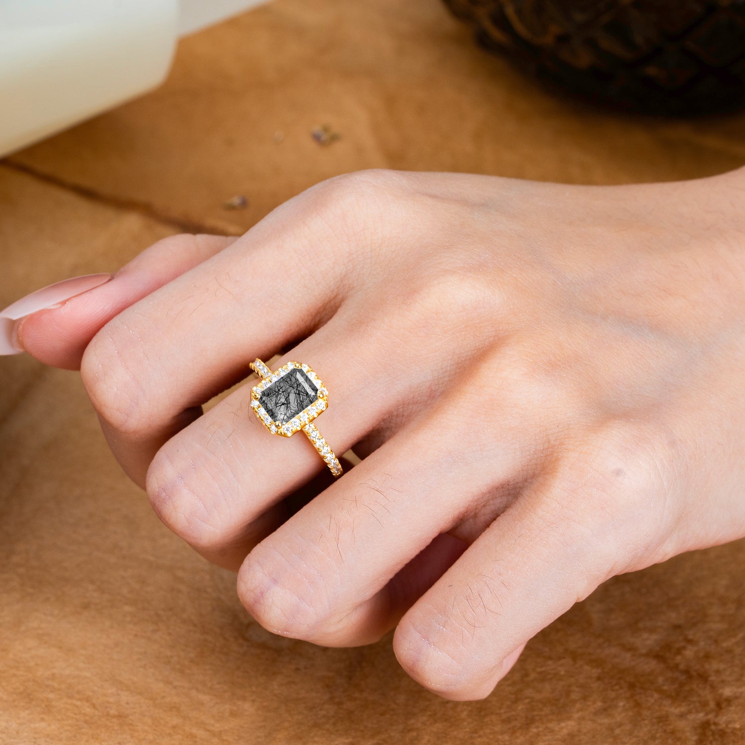2 Carat Emerald Cut Black Rutilated Quartz 4 Prong Engagement Ring Pave Halo Bridal Ring