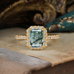 2 Carat Emerald Cut Moss Agate Engagement Ring Pave Halo Bridal Ring