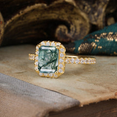 2 Carat Emerald Cut Moss Agate Engagement Ring Pave Halo Bridal Ring