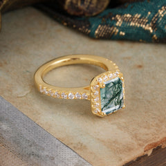 2 Carat Emerald Cut Moss Agate Engagement Ring Pave Halo Bridal Ring