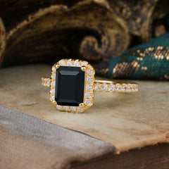2 Carat Emerald Cut Black Onyx 4 Prong Engagement Ring Pave Halo Bridal Ring
