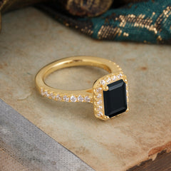 2 Carat Emerald Cut Black Onyx 4 Prong Engagement Ring Pave Halo Bridal Ring