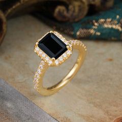 2 Carat Emerald Cut Black Onyx 4 Prong Engagement Ring Pave Halo Bridal Ring