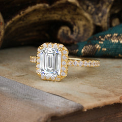 2 Carat Emerald Cut Lab Diamond 4 Prong Engagement Ring Pave Halo Bridal Ring