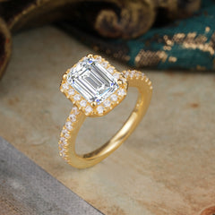 2 Carat Emerald Cut Lab Diamond 4 Prong Engagement Ring Pave Halo Bridal Ring