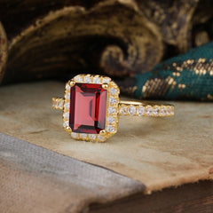 2 Carat Emerald Cut Garnet Engagement Ring Pave Halo Bridal Ring
