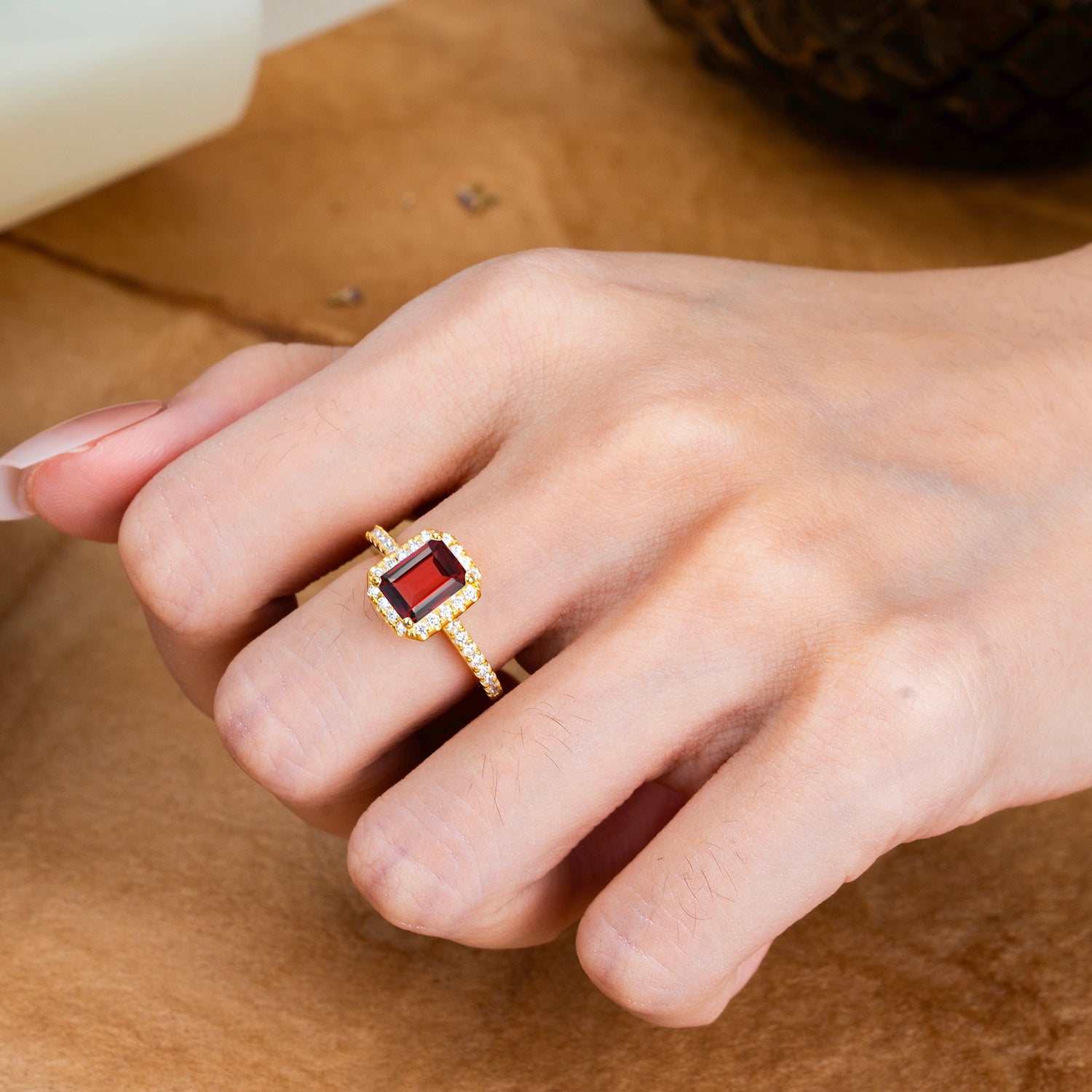 2 Carat Emerald Cut Garnet Engagement Ring Pave Halo Bridal Ring
