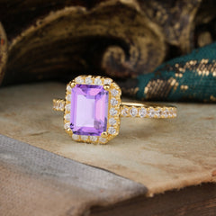2 Carat Emerald Cut Amethyst 4 Prong Engagement Ring Pave Halo Bridal Ring