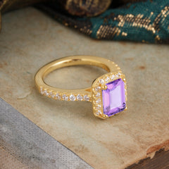 2 Carat Emerald Cut Amethyst 4 Prong Engagement Ring Pave Halo Bridal Ring