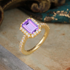 2 Carat Emerald Cut Amethyst 4 Prong Engagement Ring Pave Halo Bridal Ring