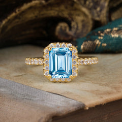 2 Carat Emerald Cut Aquamarine 4 Prong Engagement Ring Pave Halo Bridal Ring