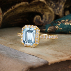 2 Carat Emerald Cut Aquamarine 4 Prong Engagement Ring Pave Halo Bridal Ring