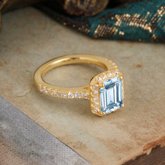 2 Carat Emerald Cut Aquamarine 4 Prong Engagement Ring Pave Halo Bridal Ring