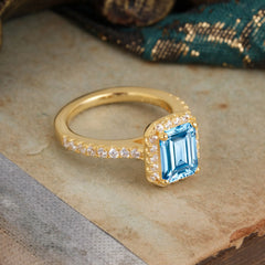 2 Carat Emerald Cut Aquamarine 4 Prong Engagement Ring Pave Halo Bridal Ring