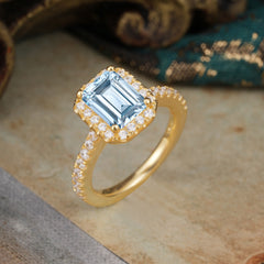 2 Carat Emerald Cut Aquamarine 4 Prong Engagement Ring Pave Halo Bridal Ring