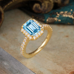 2 Carat Emerald Cut Aquamarine 4 Prong Engagement Ring Pave Halo Bridal Ring