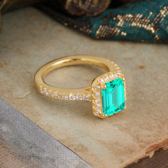 2 Carat Emerald Cut Emerald 4 Prong Engagement Ring Pave Halo Bridal Ring