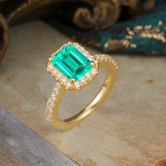 2 Carat Emerald Cut Emerald 4 Prong Engagement Ring Pave Halo Bridal Ring