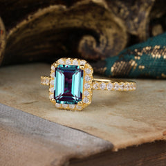 2 Carat Emerald Cut Alexandrite Engagement Ring Pave Halo Bridal Ring