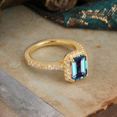 2 Carat Emerald Cut Alexandrite Engagement Ring Pave Halo Bridal Ring