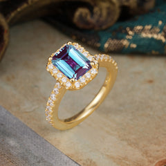 2 Carat Emerald Cut Alexandrite Engagement Ring Pave Halo Bridal Ring
