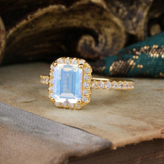 2 Carat Emerald Cut Moonstone 4 Prong Engagement Ring Pave Halo Bridal Ring