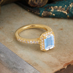 2 Carat Emerald Cut Moonstone 4 Prong Engagement Ring Pave Halo Bridal Ring