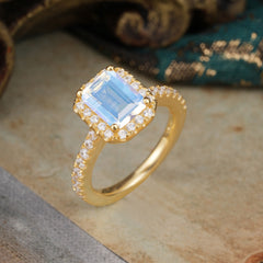 2 Carat Emerald Cut Moonstone 4 Prong Engagement Ring Pave Halo Bridal Ring