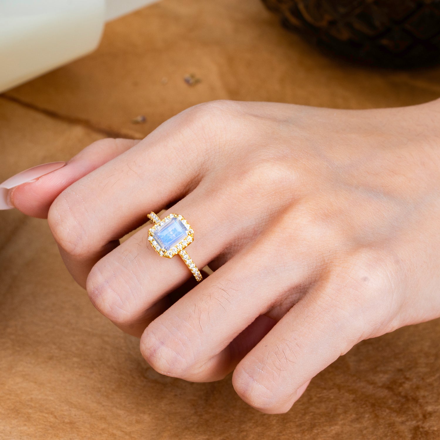 2 Carat Emerald Cut Moonstone 4 Prong Engagement Ring Pave Halo Bridal Ring