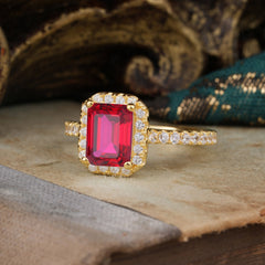 2 Carat Emerald Cut Ruby Engagement Ring Pave Halo Bridal Ring