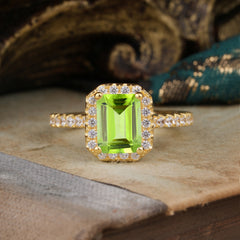 2 Carat Emerald Cut Peridot 4 Prong Engagement Ring Pave Halo Bridal Ring