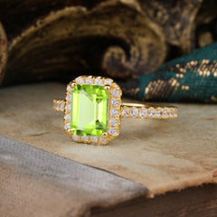 2 Carat Emerald Cut Peridot 4 Prong Engagement Ring Pave Halo Bridal Ring
