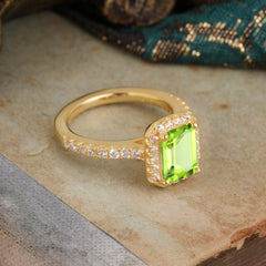 2 Carat Emerald Cut Peridot 4 Prong Engagement Ring Pave Halo Bridal Ring