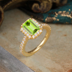 2 Carat Emerald Cut Peridot 4 Prong Engagement Ring Pave Halo Bridal Ring