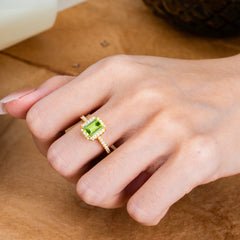 2 Carat Emerald Cut Peridot 4 Prong Engagement Ring Pave Halo Bridal Ring