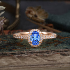 1 Carat Oval Cut Sapphire Halo Ring with Pave Band