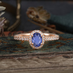 1 Carat Oval Cut Tanzanite Halo Ring with Pave Band