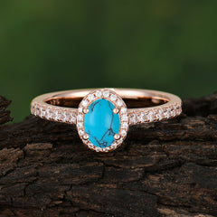 1 Carat Oval Cut Turquoise Halo Ring with Pave Band