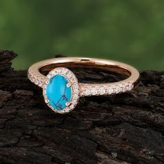 1 Carat Oval Cut Turquoise Halo Ring with Pave Band