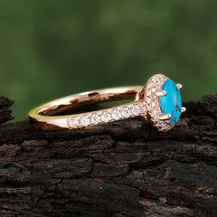 1 Carat Oval Cut Turquoise Halo Ring with Pave Band