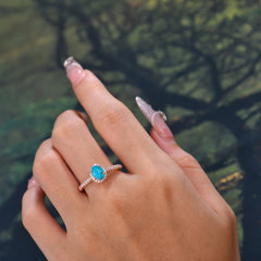 1 Carat Oval Cut Turquoise Halo Ring with Pave Band