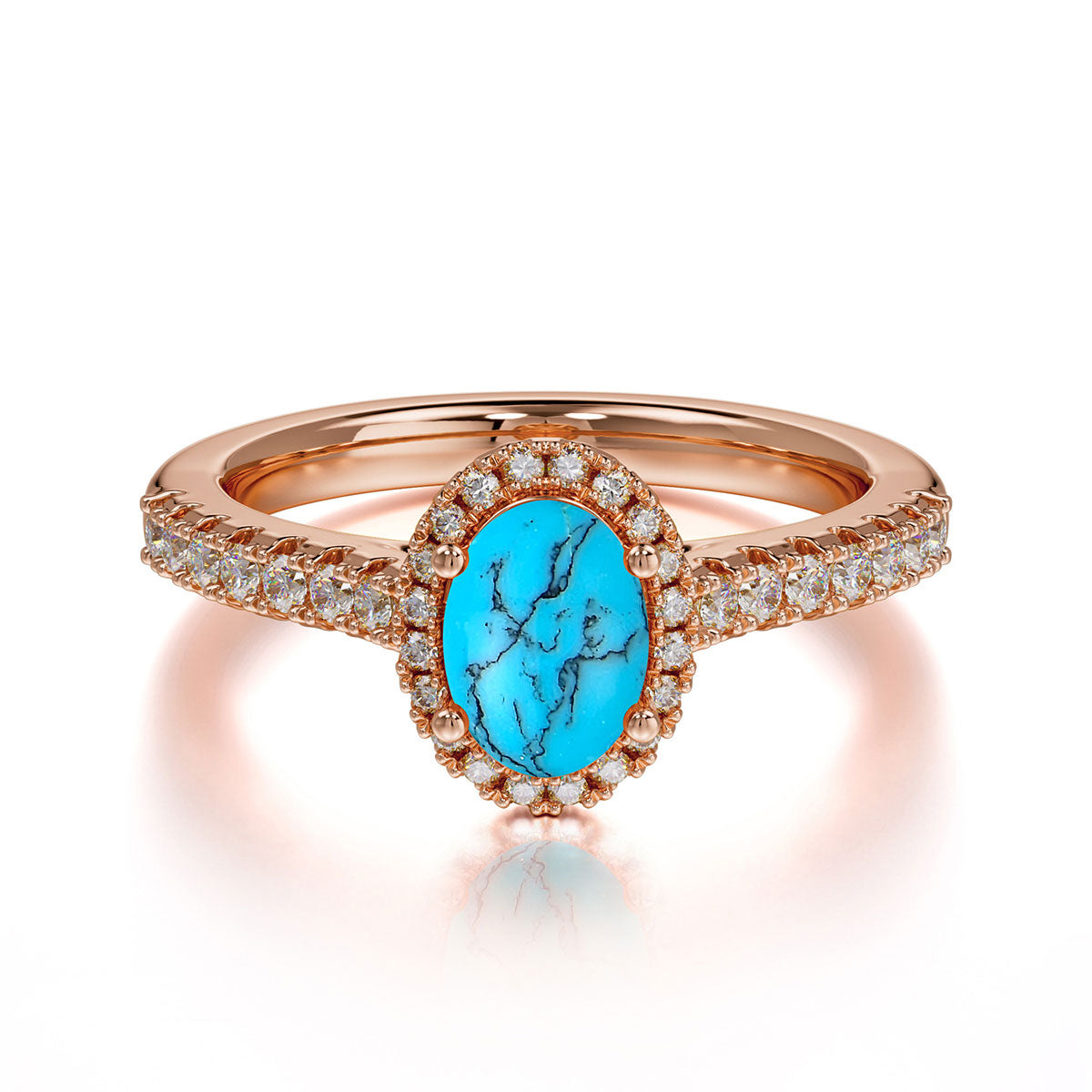 1 Carat Oval Cut Turquoise Halo Ring with Pave Band