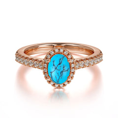 1 Carat Oval Cut Turquoise Halo Ring with Pave Band