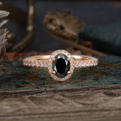 1 Carat Oval Cut Black Onyx Halo Ring with Pave Band