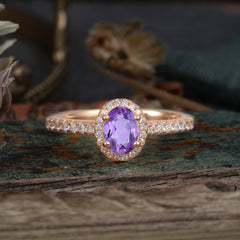 1 Carat Oval Cut Amethyst Halo Ring with Pave Band