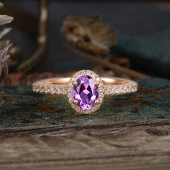 1 Carat Oval Cut Amethyst Halo Ring with Pave Band