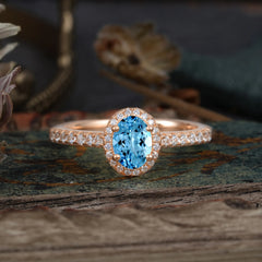 1 Carat Oval Cut Aquamarine Halo Ring with Pave Band