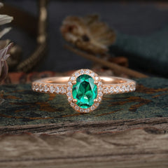 1 Carat Oval Cut Emerald Halo Ring with Pave Band